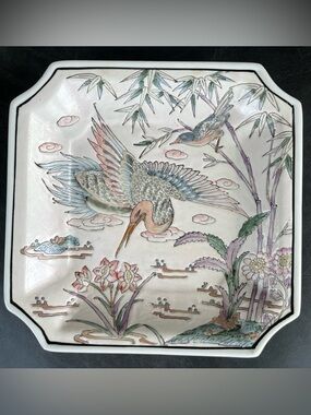 Vintage Asian Hand-Painted Ceramic Plate 8” Square 1” Height